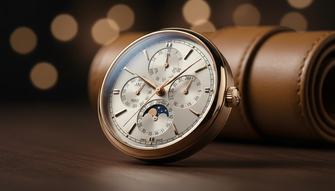 Close-up of a luxury rose gold watch with complex sub-dials including a moon phase, set against a brown leather watch roll and a blurred background with golden bokeh lights on a wooden surface.