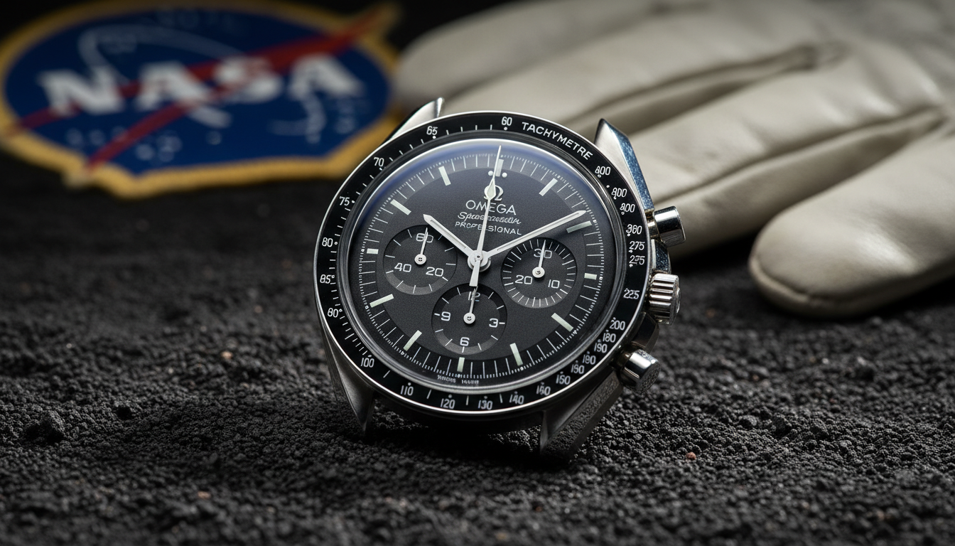 A close-up of an Omega Speedmaster Professional watch resting on a dark, grainy surface resembling lunar soil, with a blurred NASA patch and an astronaut glove in the background.