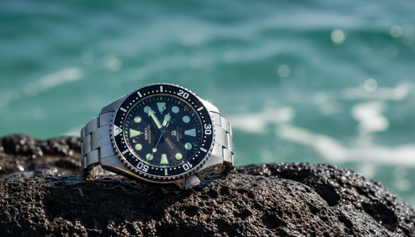 A silver-toned diver's wristwatch with a black bezel and glowing green markers resting on a dark, porous volcanic rock with a blurred turquoise ocean in the background.
