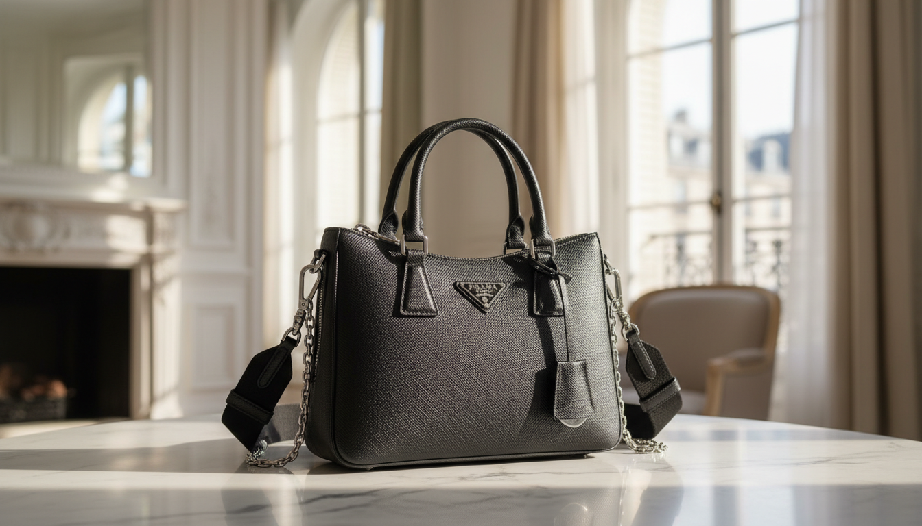 A black textured leather Prada handbag with top handles and silver hardware sitting on a white marble table in a bright, sunlit room with a fireplace and large windows in the background.