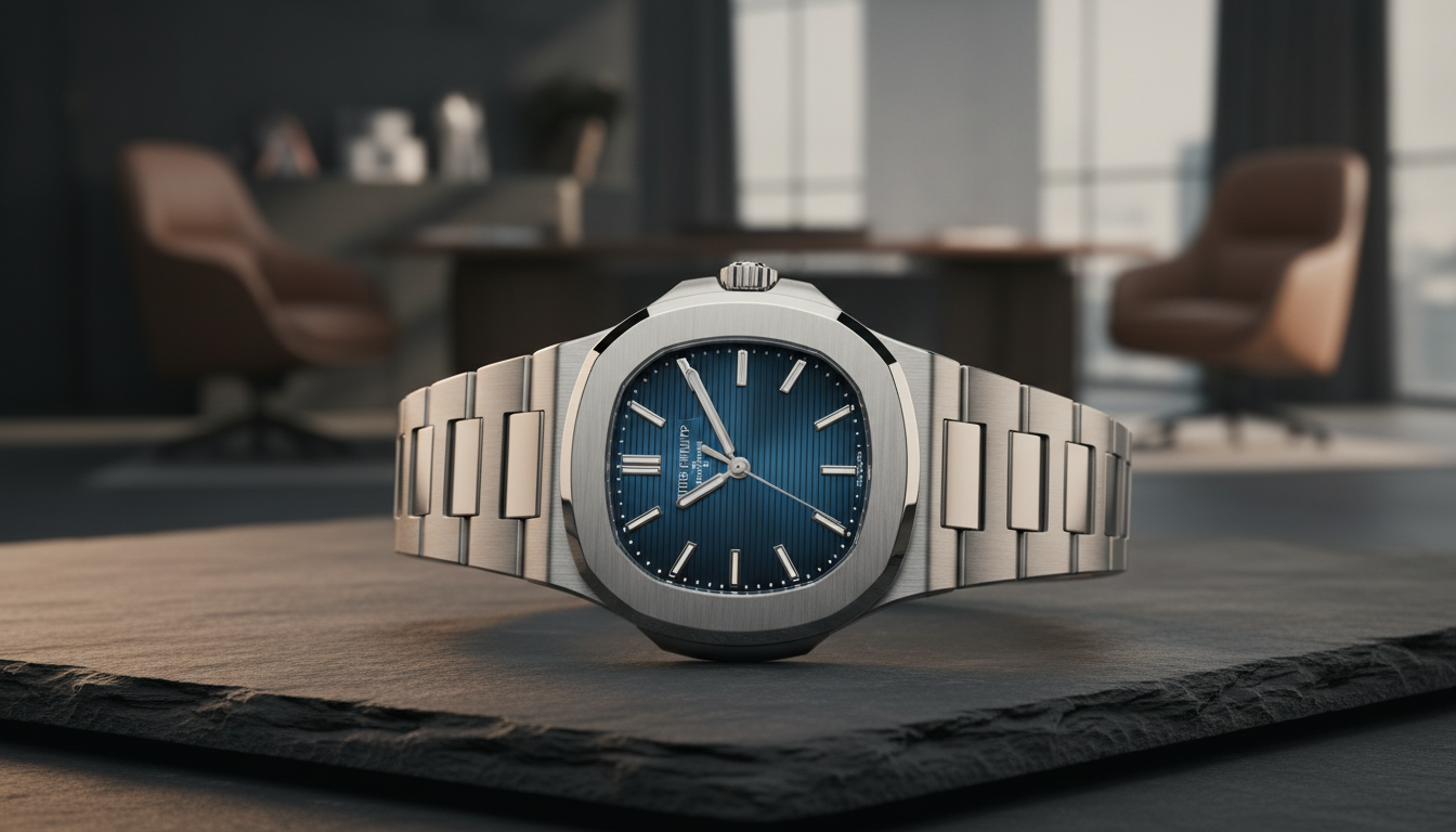 A luxury stainless steel sports watch with a grooved blue dial resting on a textured dark slate surface in a blurred office background.