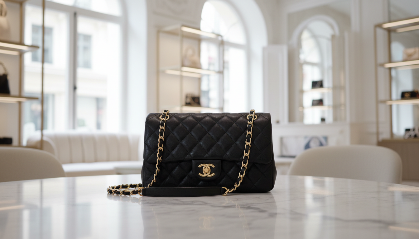 A black quilted leather Chanel handbag with a gold chain strap and an interlocking CC logo sits on a polished white marble table in a bright, modern luxury boutique.