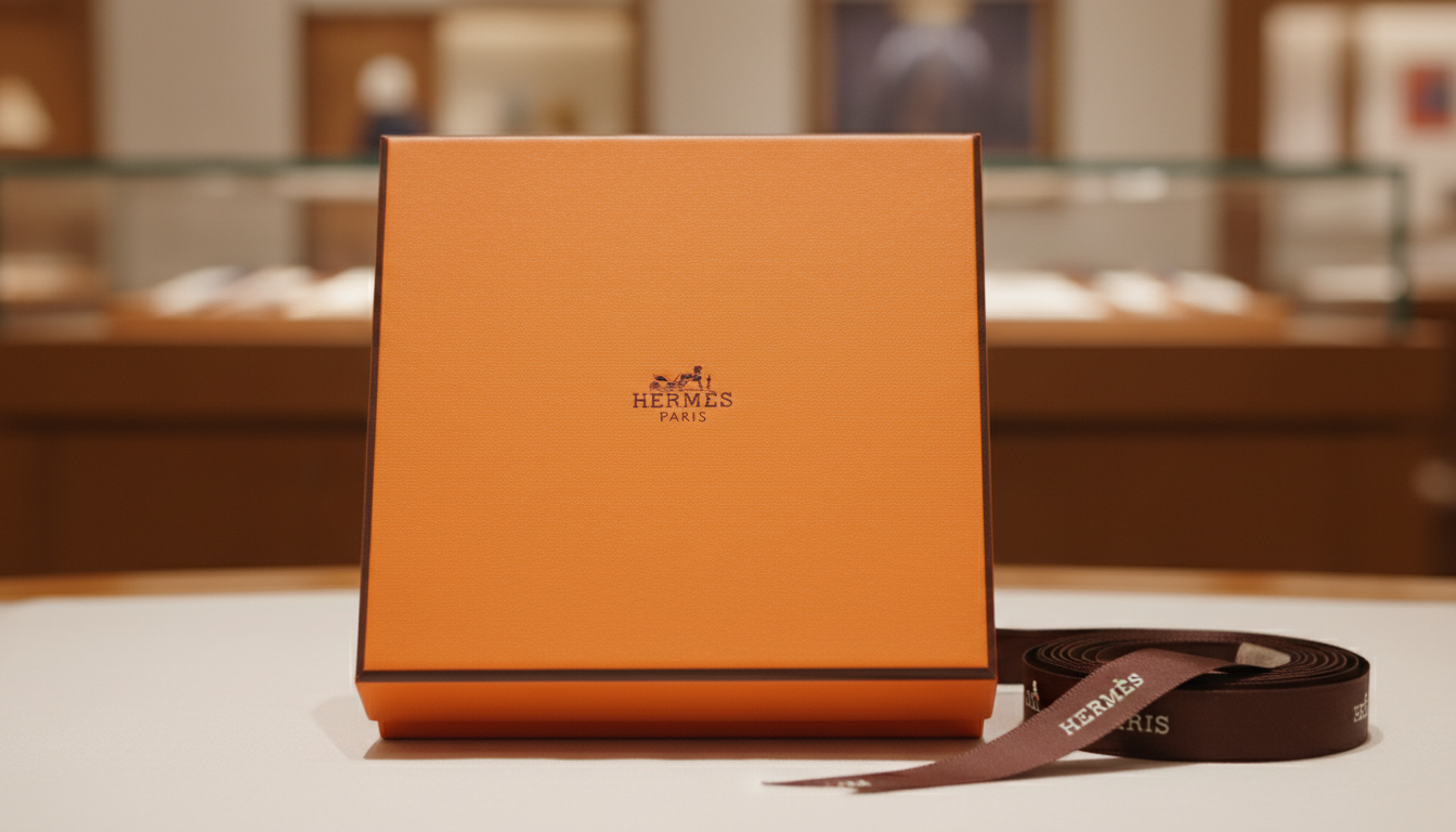 A square orange Hermès gift box with its signature logo sits on a white surface next to a coiled brown ribbon branded with the name Hermès in a blurred boutique setting.