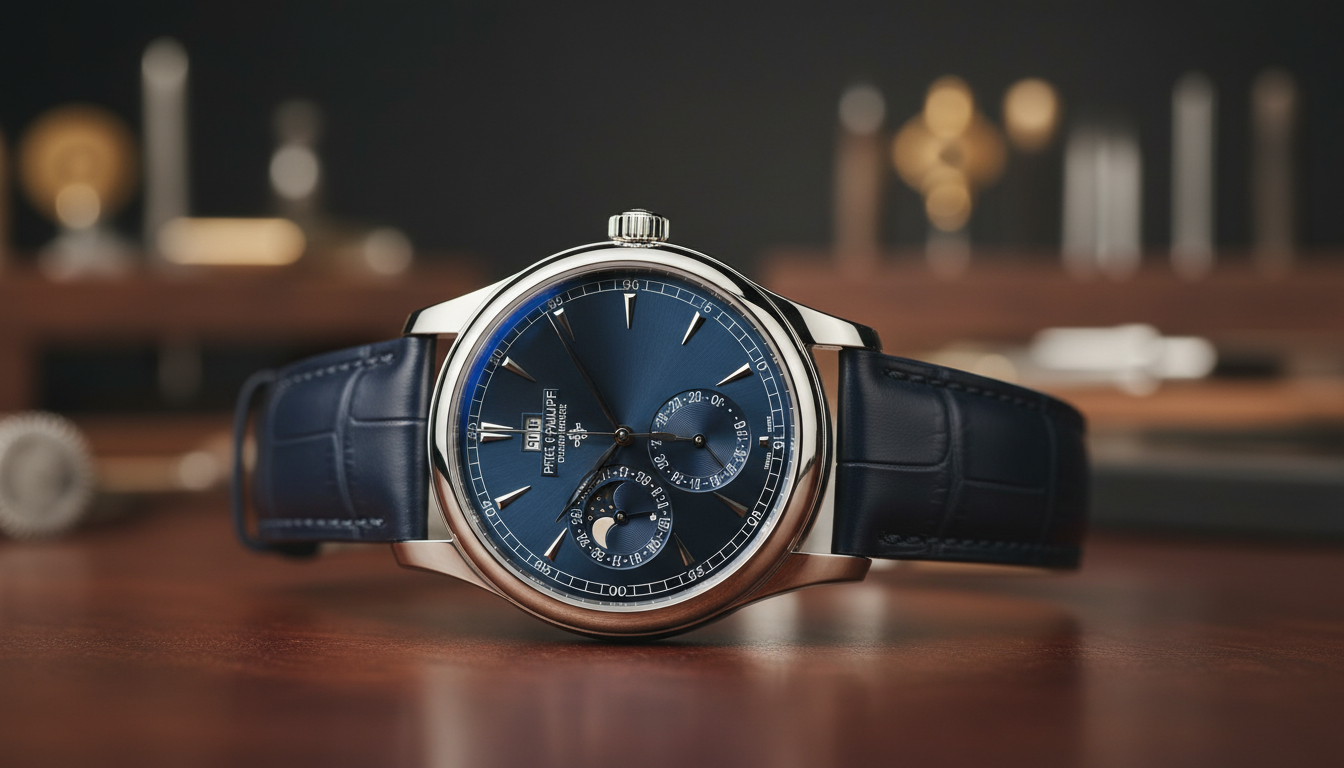 A close-up view of a luxury Patek Philippe watch featuring a deep blue sunburst dial, perpetual calendar complications, and a matching blue leather strap, resting on a wooden surface with blurred watchmaking tools in the background.