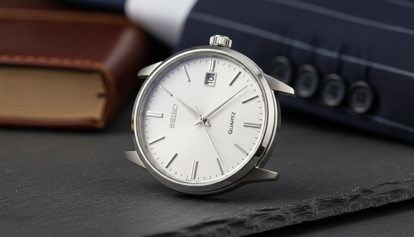 A silver Seiko Quartz watch head with a white dial and silver markers, resting on a dark slate surface next to a brown leather notebook and a navy pinstriped suit sleeve.