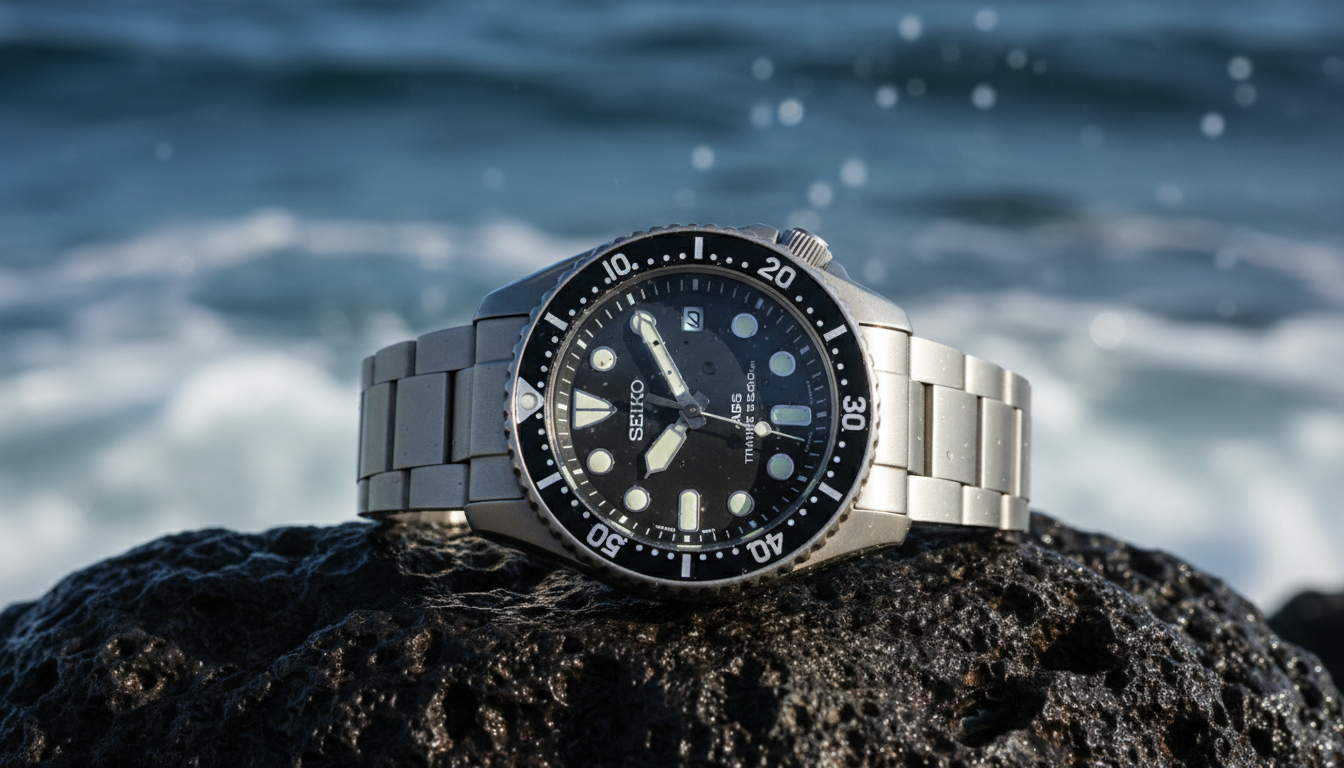 A silver Seiko titanium dive watch resting on a dark lava rock with ocean waves splashing in the background.