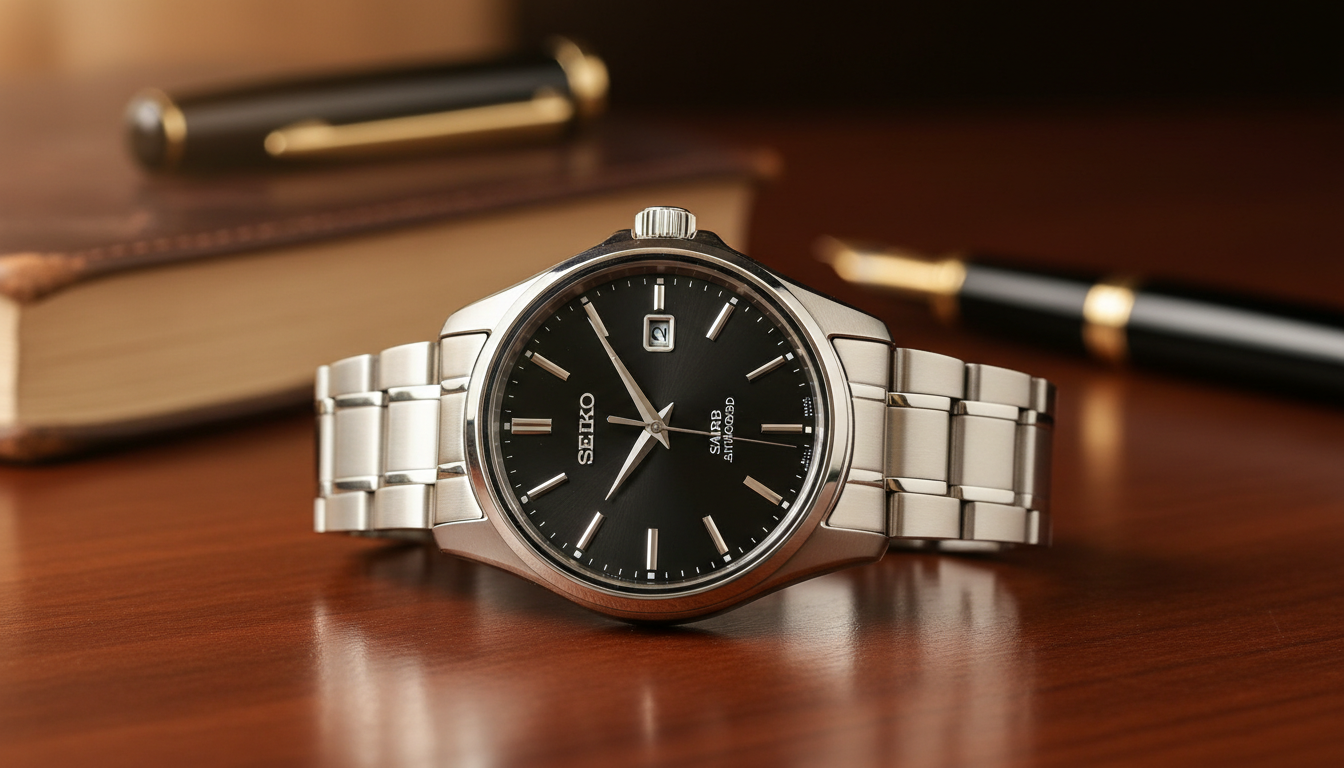 A close-up photograph of a stainless steel Seiko automatic watch with a black dial and silver-tone hands, resting on a polished wooden desk alongside a leather-bound journal and a gold-trimmed fountain pen.