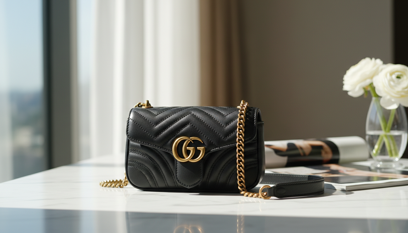 A black quilted Gucci GG Marmont mini shoulder bag with a gold double G logo and chain strap, sitting on a white marble tabletop next to white flowers and a magazine.