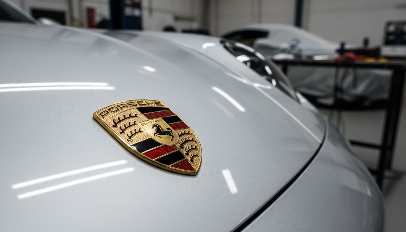 A close-up photograph showcasing the iconic gold, black, and red Porsche crest emblem centered on the silver hood of a luxury sports car within a clean workshop environment.