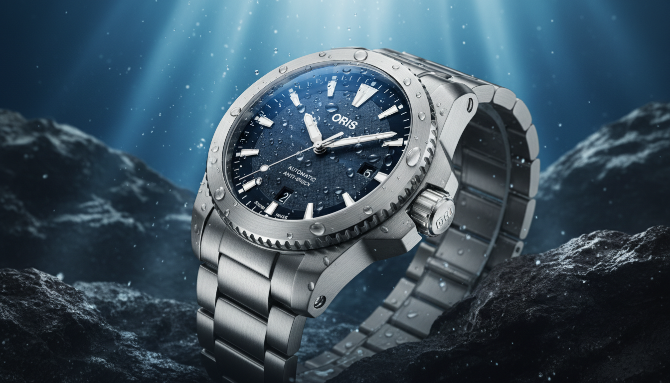 A silver Oris automatic dive watch with a textured blue dial, covered in water droplets, resting on dark, craggy rocks in an underwater setting with light rays filtering down from the surface.