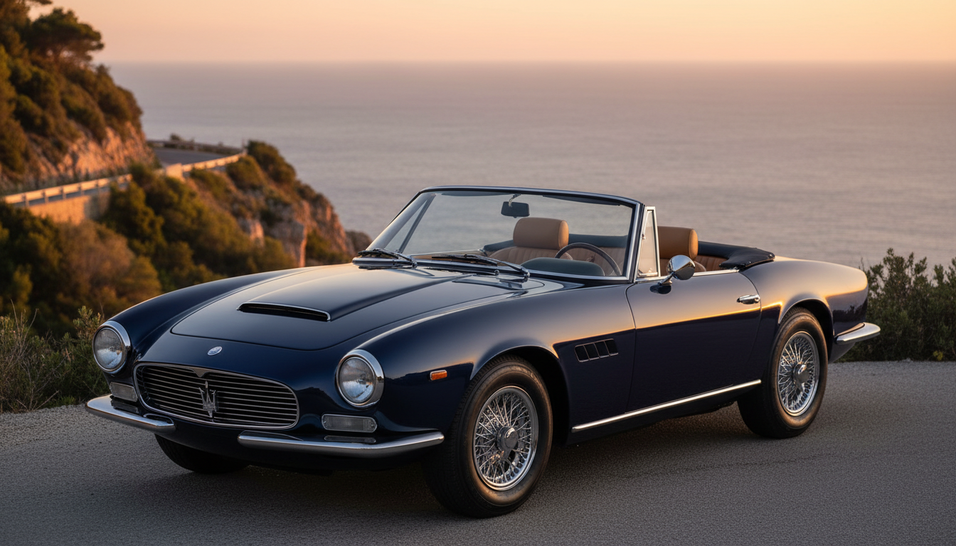 A classic navy blue Maserati 3500 GT Vignale Spyder convertible parked on a scenic coastal road overlooking the ocean during a golden sunset.