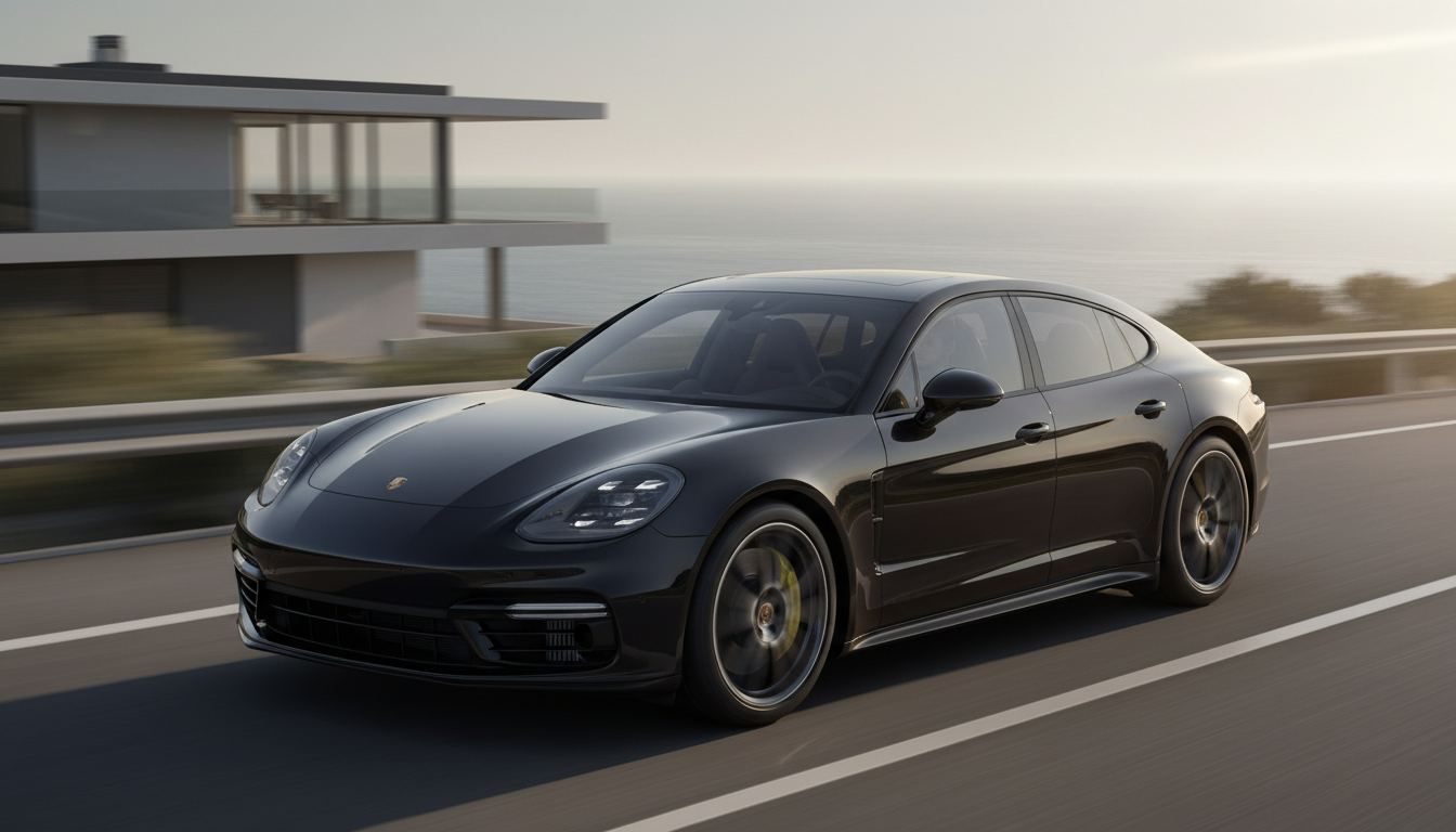A sleek black Porsche Panamera luxury sports sedan driving fast on a scenic coastal highway at sunset, with a modern glass building and the ocean in the background.
