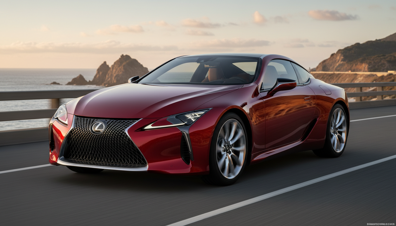 A sleek red Lexus LC 500 luxury sports coupe driving on a scenic coastal highway at sunset with rocky cliffs and the ocean in the background.