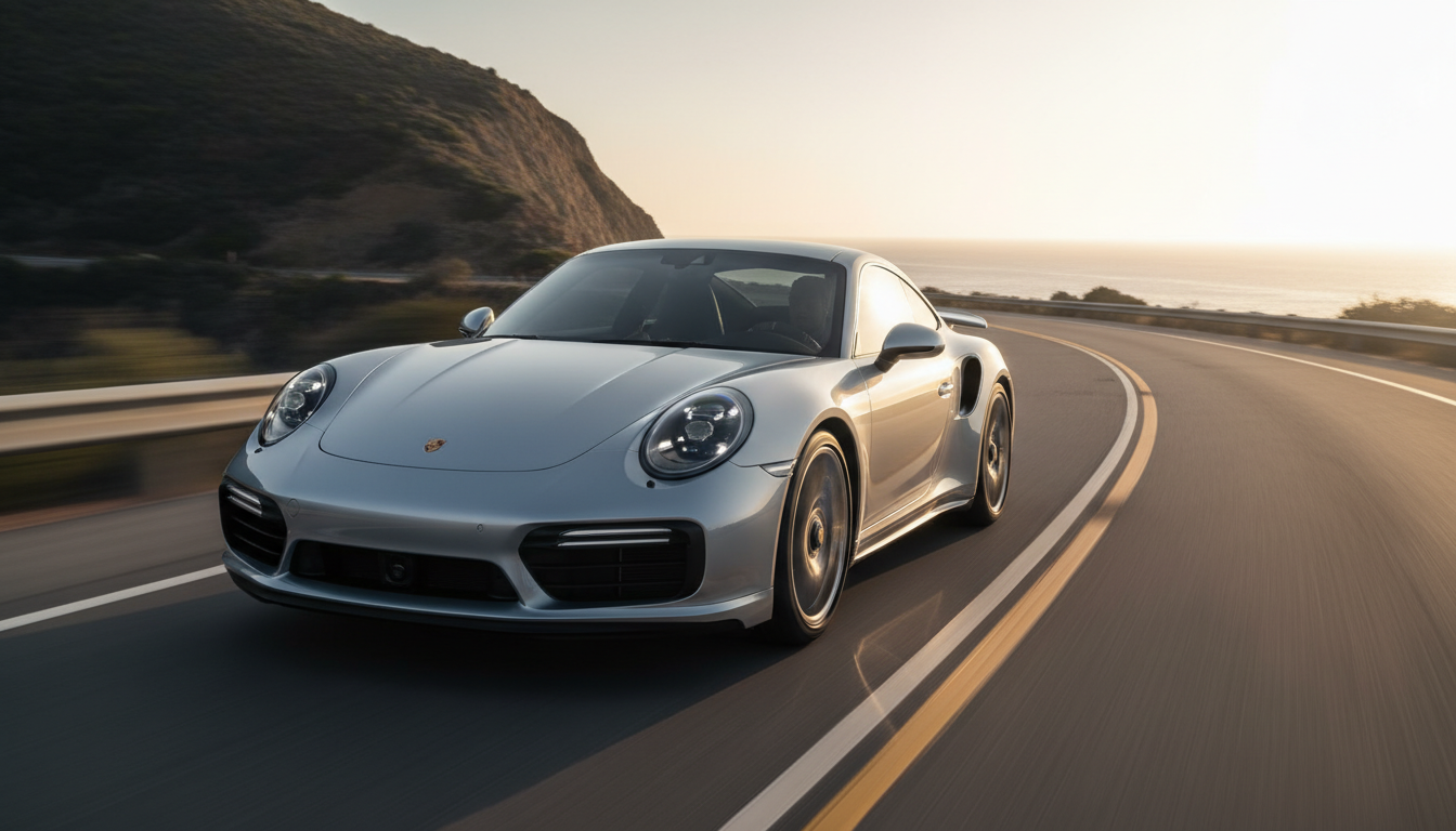 A silver Porsche 911 Turbo sports car driving along a winding coastal highway at sunset.