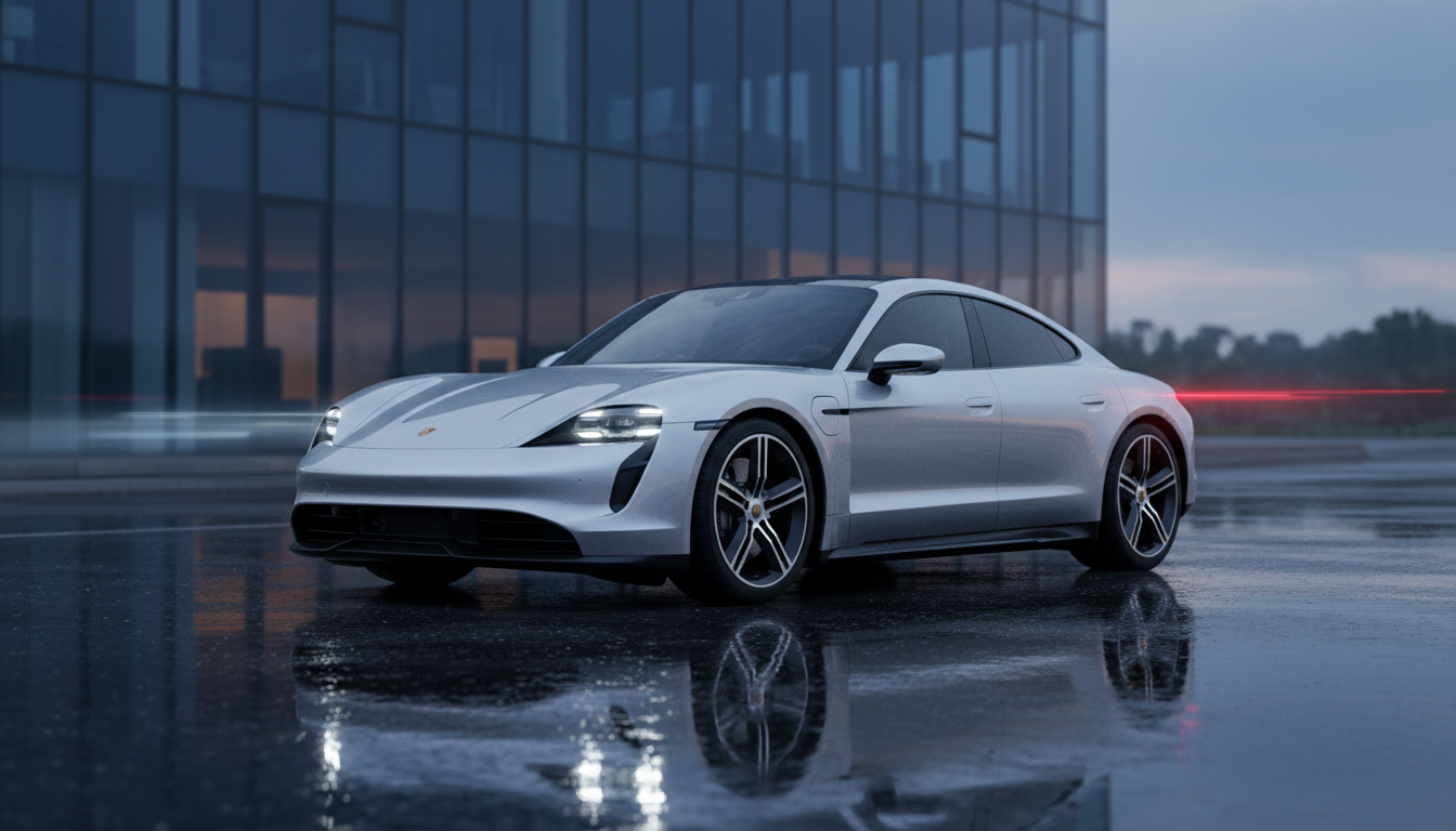 A sleek silver Porsche Taycan parked on a wet pavement with reflections, in front of a large modern glass building at dusk.