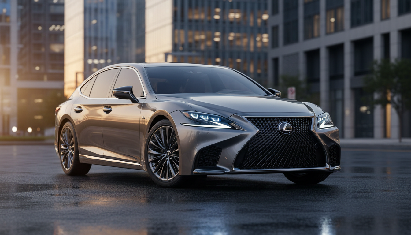 Silver Lexus luxury sedan parked on a wet urban street during sunset, with modern glass buildings in the background.