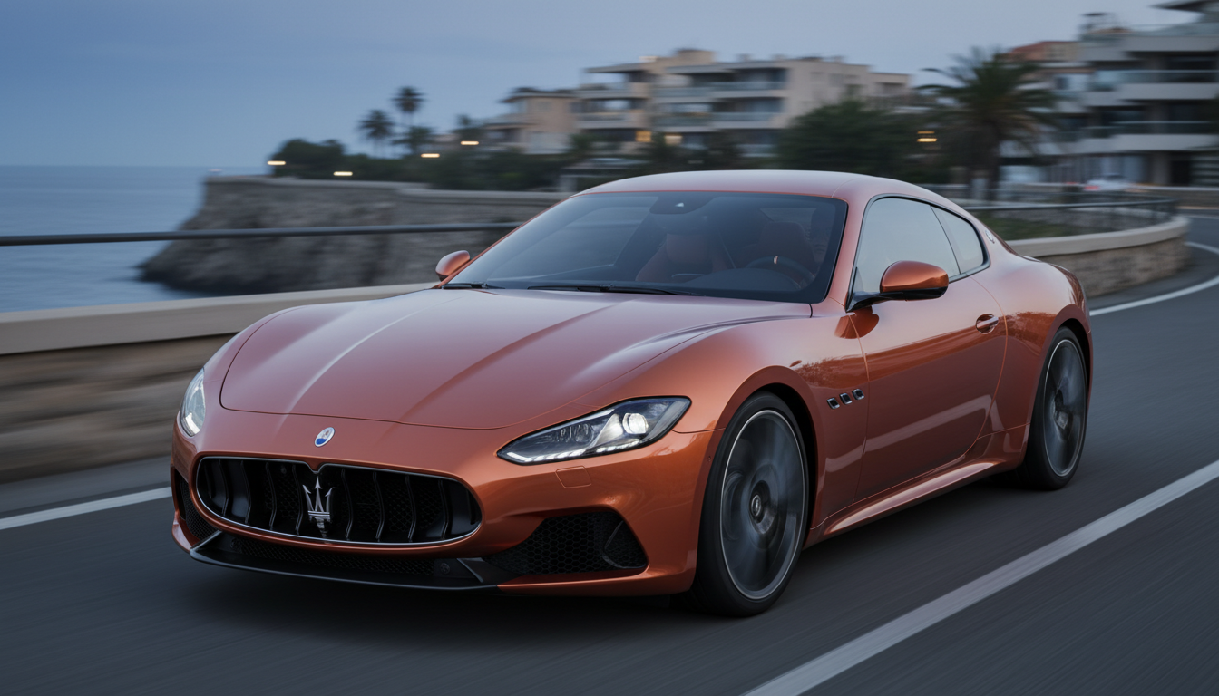 A sleek, metallic orange Maserati GranTurismo cruising along a winding coastal road at twilight with motion blur.