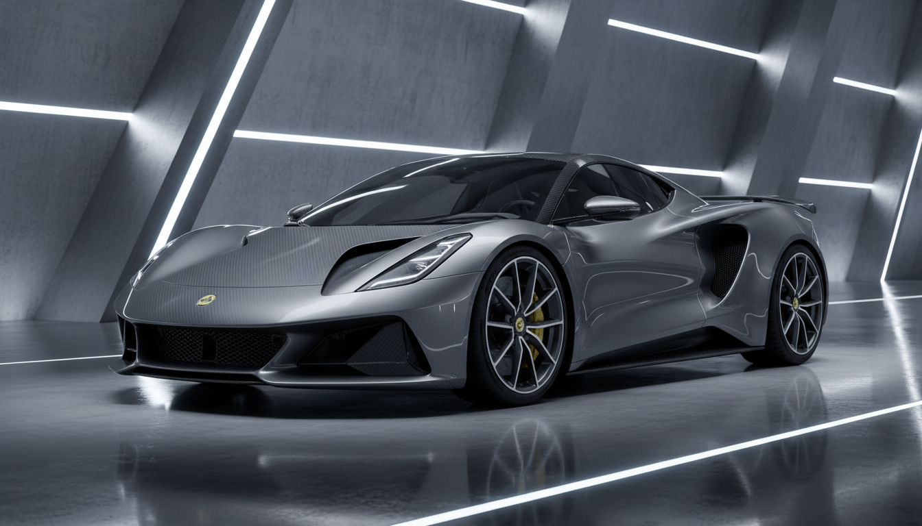 A silver Lotus sports car with carbon fiber accents parked in a minimalist, futuristic garage with linear LED lighting.