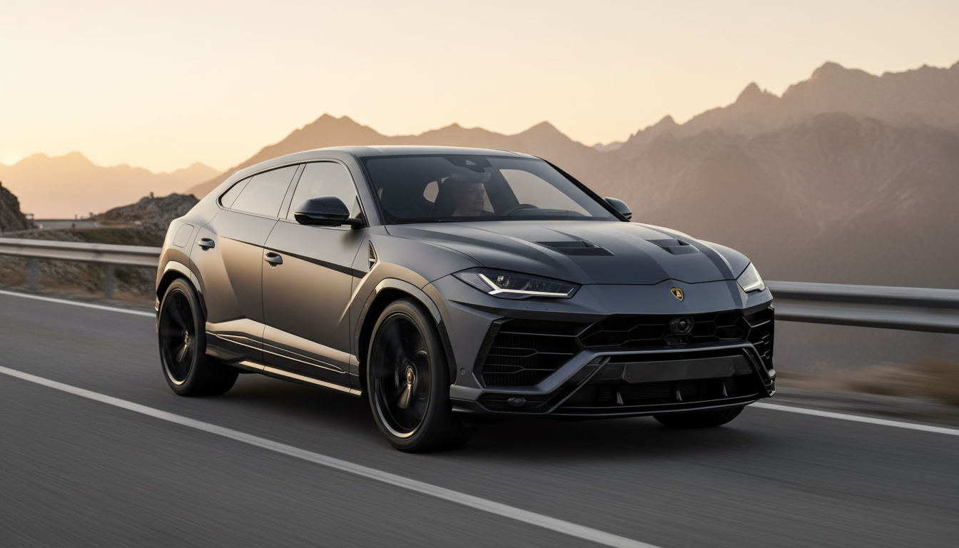 A matte grey Lamborghini Urus driving on a scenic mountain road at sunset with sharp peaks in the background.