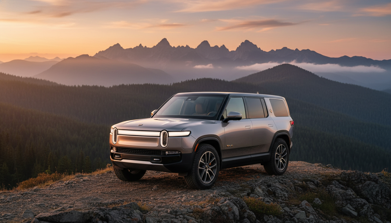A silver electric SUV parked on a rocky mountain overlook with a stunning backdrop of jagged peaks and mist-covered forests during a vibrant sunset.