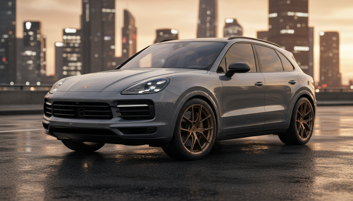 A grey Porsche Cayenne SUV with bronze wheels parked on a wet city street at sunset with a blurred city skyline in the background.