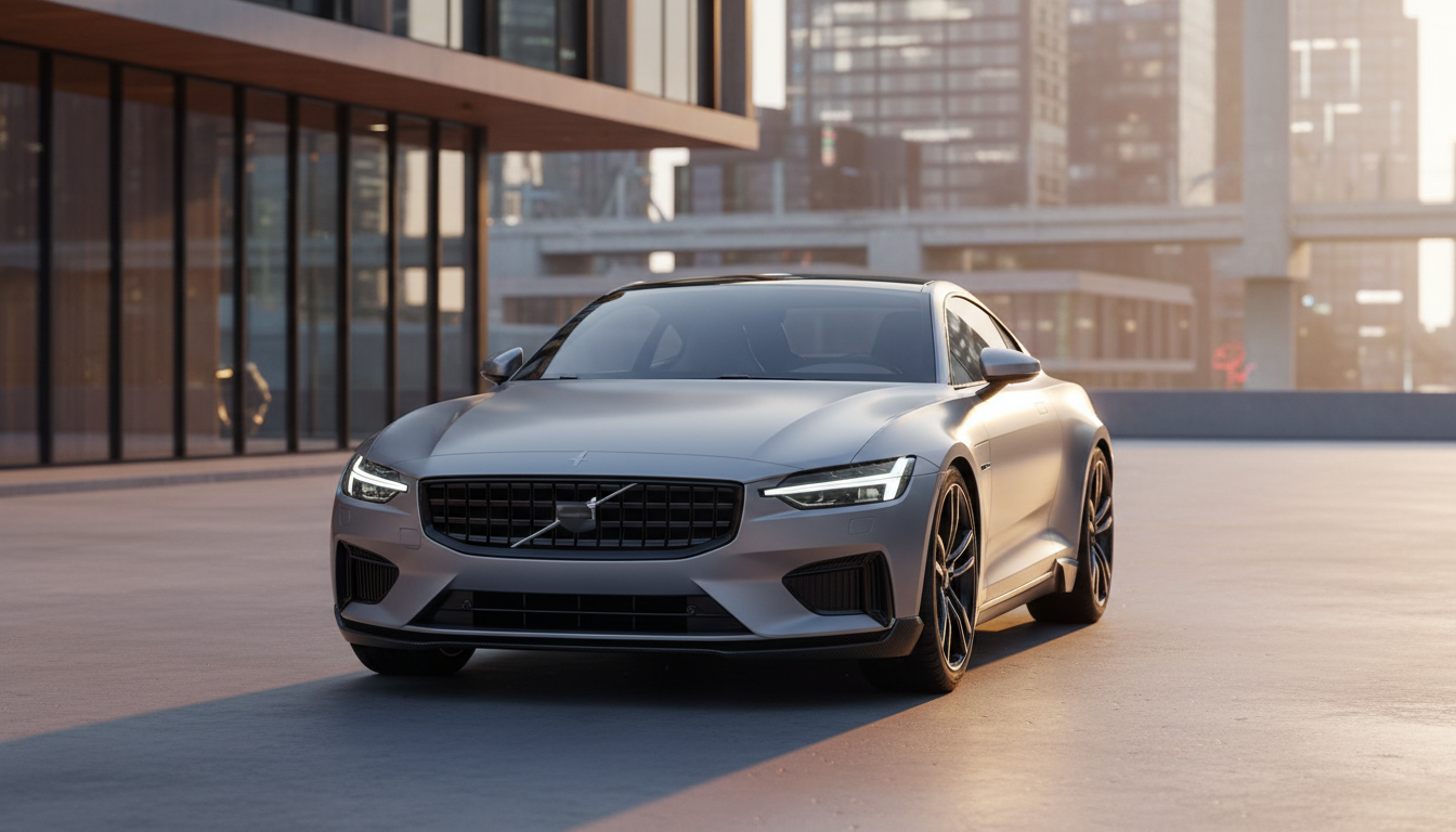 Front three-quarter view of a sleek silver Polestar 1 luxury coupe parked on an urban rooftop during golden hour, featuring its signature 'Thor’s Hammer' LED headlights and a city skyline background.