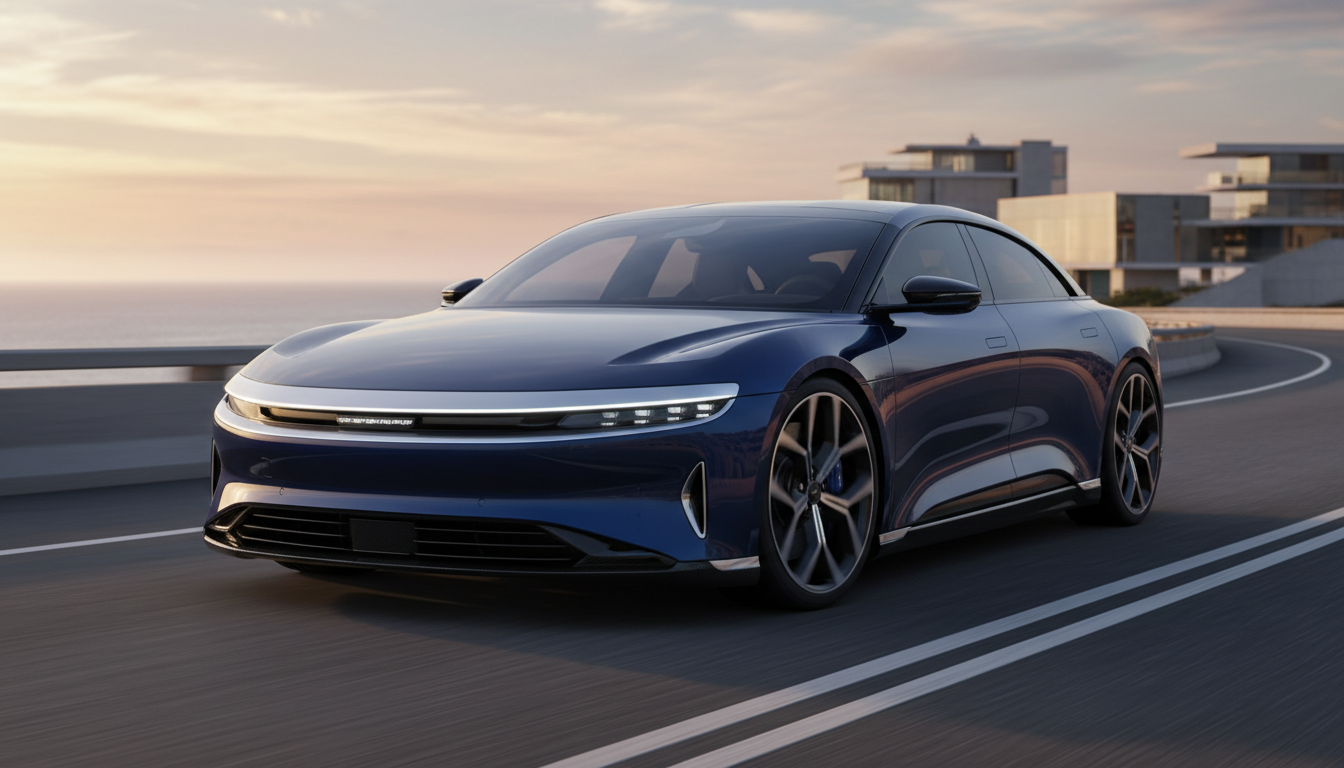 A dark blue luxury electric sedan driving on a scenic coastal highway during sunset.