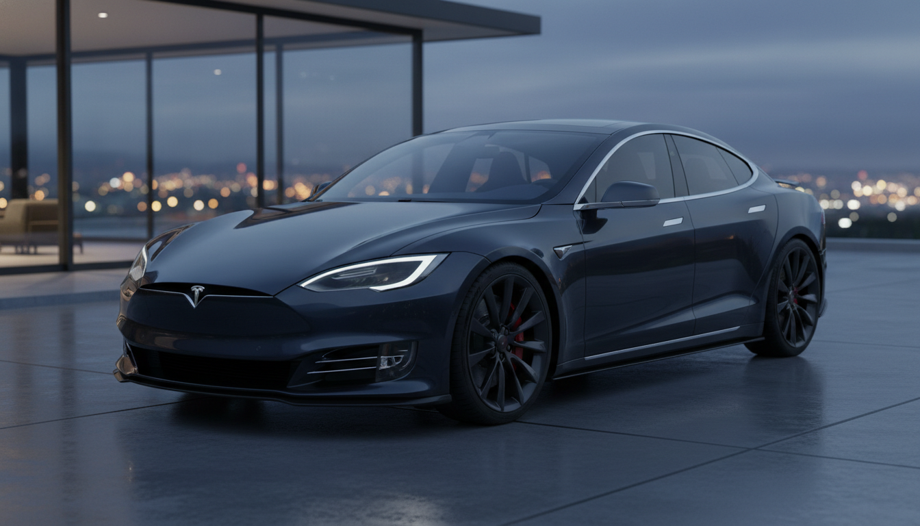 A sleek dark blue Tesla Model S parked on a modern terrace at dusk with a glass-walled building and city lights in the background.