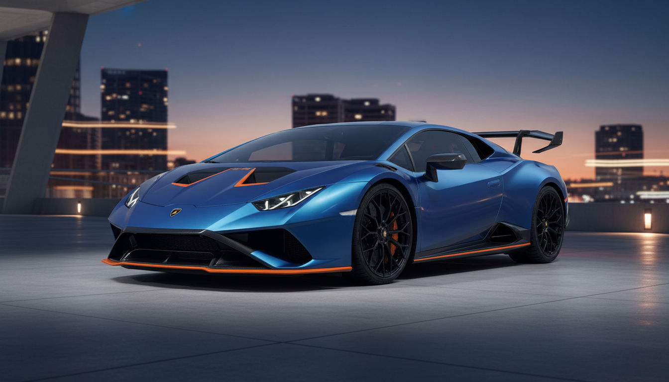 A blue Lamborghini Huracán STO with orange accents parked on an elevated platform with a blurred city skyline at dusk in the background.