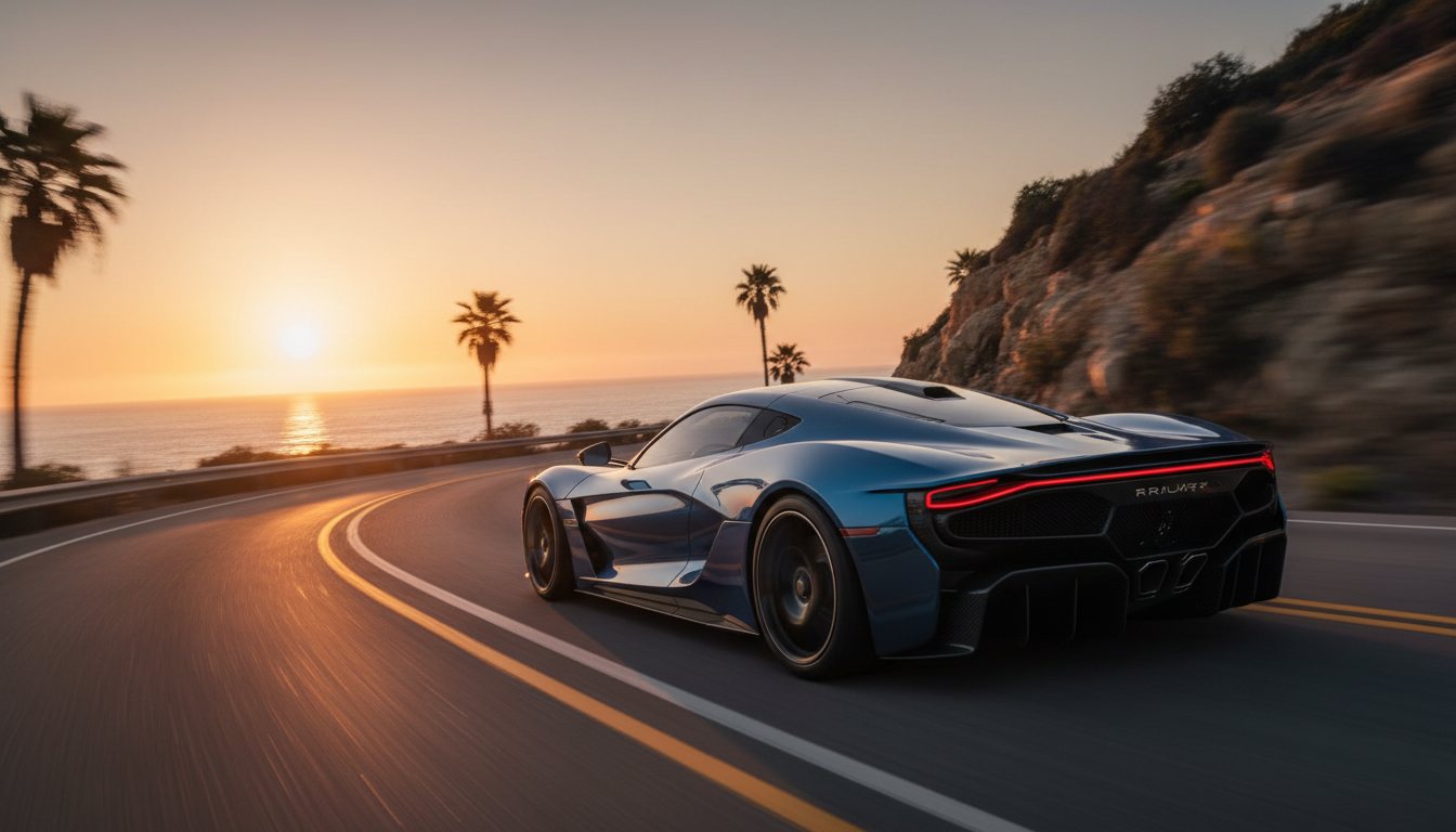 A sleek blue supercar driving along a winding coastal highway at sunset, with motion blur indicating speed, palm trees, and the ocean in the background.