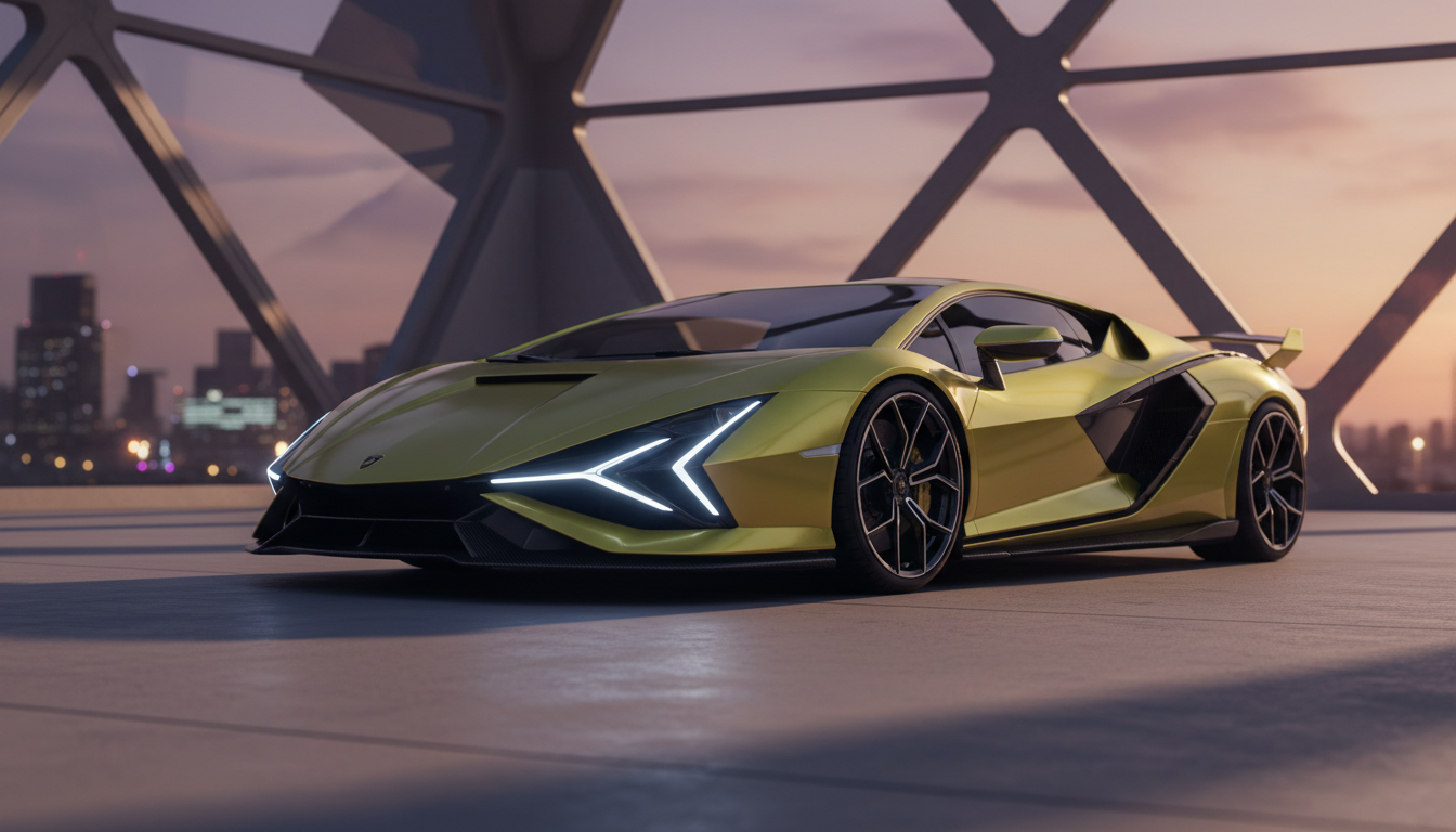 A lime green Lamborghini Sian sports car parked on a concrete platform against a city skyline at sunset. The car's Y-shaped LED headlights are illuminated and a geometric architectural structure frames the scene.