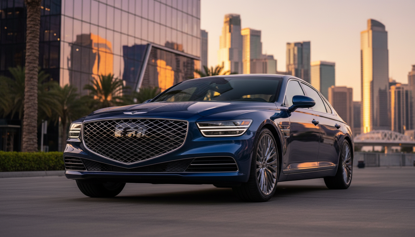 A dark blue luxury sedan parked in a city plaza at sunset, with modern glass skyscrapers and palm trees in the background.