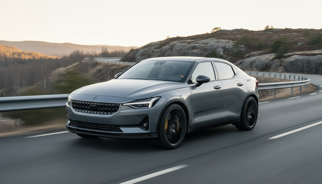 A sleek grey Polestar 2 electric sedan driving along a winding mountain road during golden hour, highlighting its modern design and performance features.
