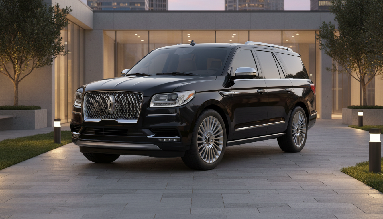 A front-three-quarter view of a black Lincoln Navigator luxury SUV parked on a paved courtyard in front of a modern building at twilight.
