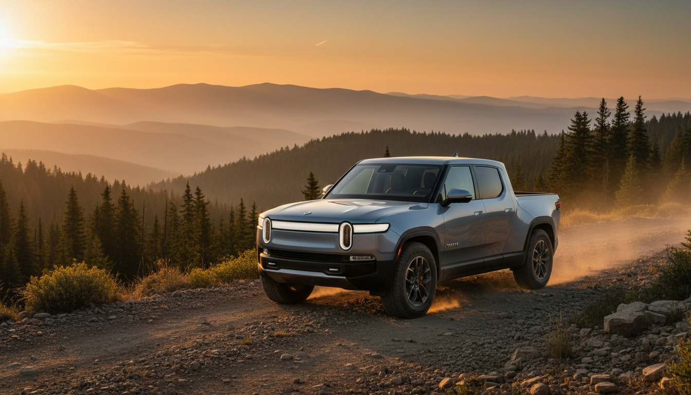 A silver Rivian R1T electric pickup truck driving along a rugged dirt mountain road at sunset, with rolling hills and a coniferous forest in the background.