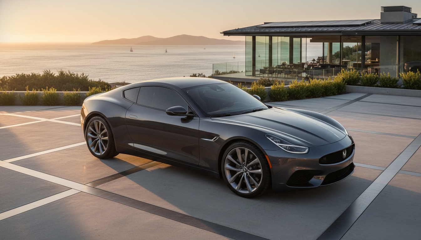 A sleek dark grey luxury sports car parked on a modern geometric driveway overlooking a calm ocean with sailboats at sunset, positioned next to a glass-walled contemporary villa.