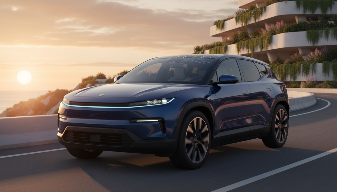 A dark blue electric SUV, a Fisker Ocean, driving along a winding coastal road at sunset with a modern tiered building in the background.