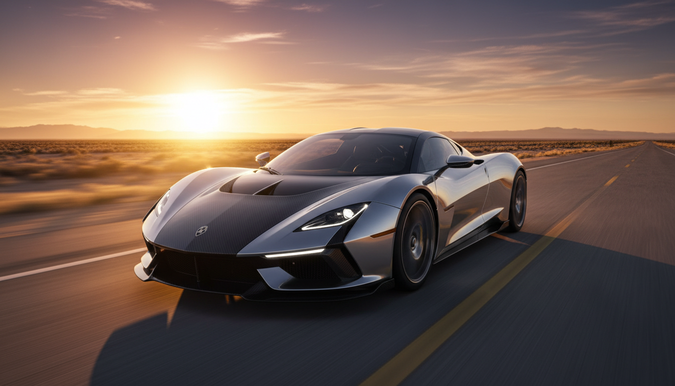 Silver SSC Tuatara supercar speeding along a desert highway during a vibrant sunset, showing motion blur and a glowing horizon.