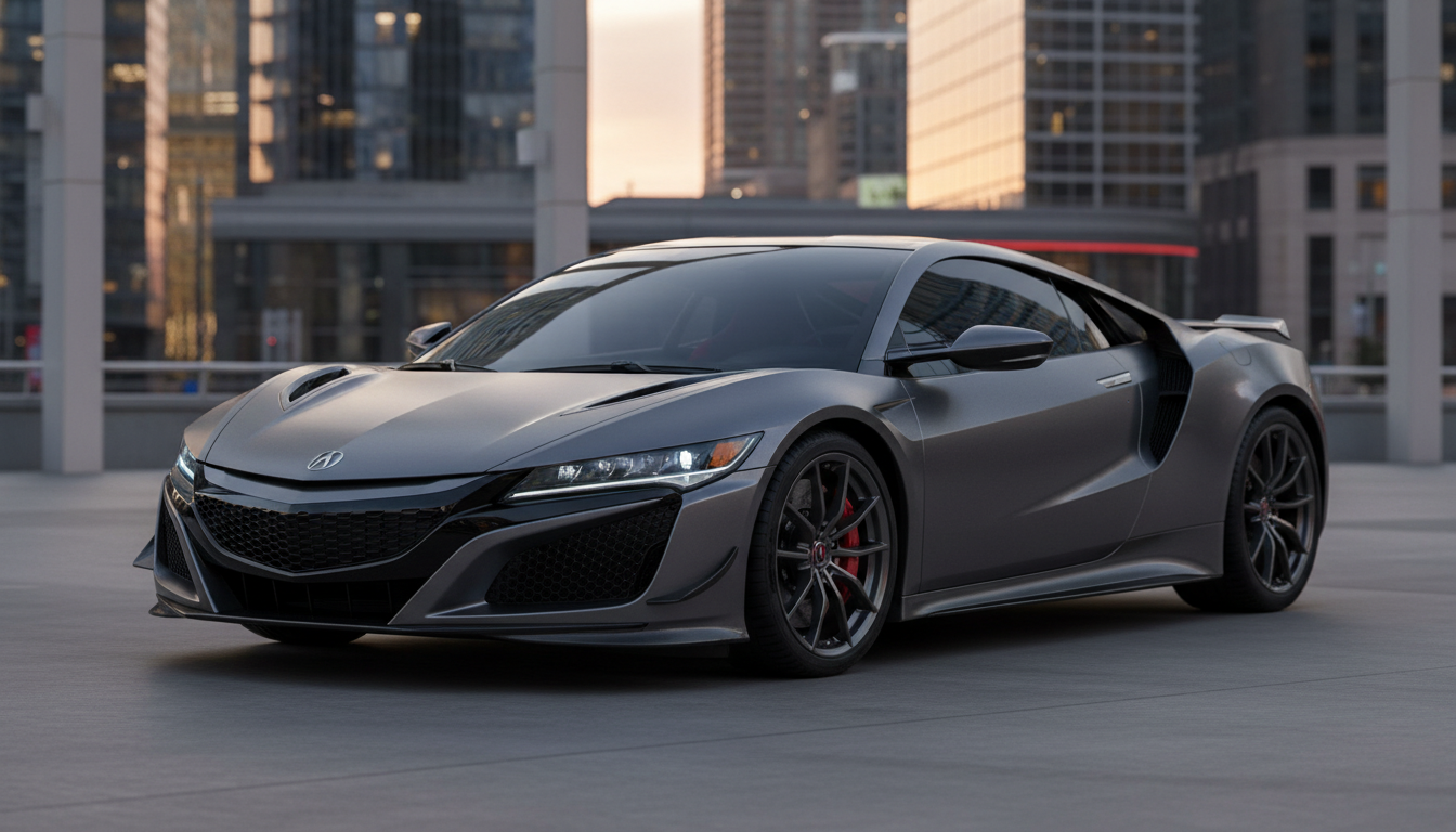 A sleek matte grey Acura NSX supercar parked on an open urban rooftop with city skyscrapers and a soft sunset in the background.