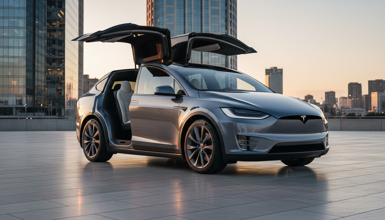 Silver Tesla Model X with open falcon wing doors revealing a white interior, parked on an urban plaza with skyscrapers in the background at sunset.
