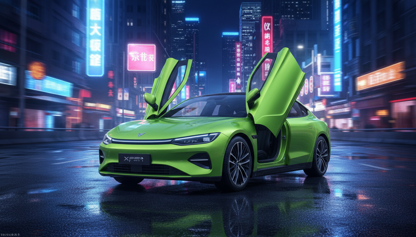 A bright lime green electric sedan with its scissor doors open, parked on a wet street in a futuristic city at night with glowing neon signs.