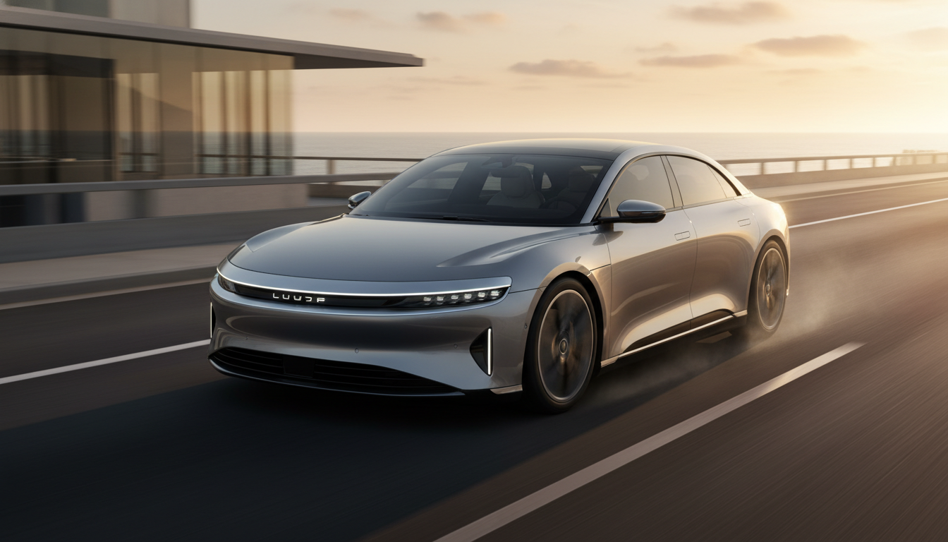 A sleek silver luxury electric sedan driving quickly along a coastal bridge at sunset, with a blurred ocean background.