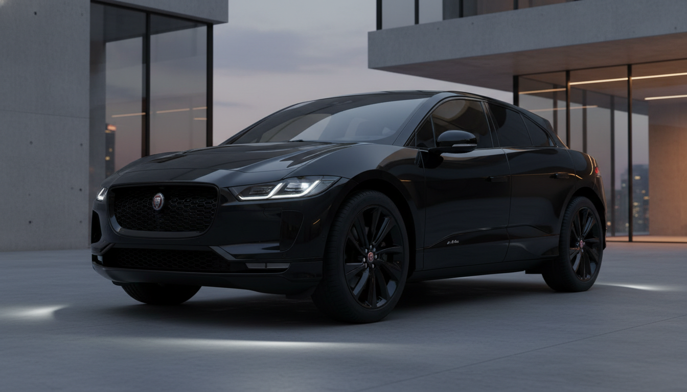 A sleek black Jaguar I-PACE electric SUV parked in front of a modern minimalist building with large glass windows at dusk.
