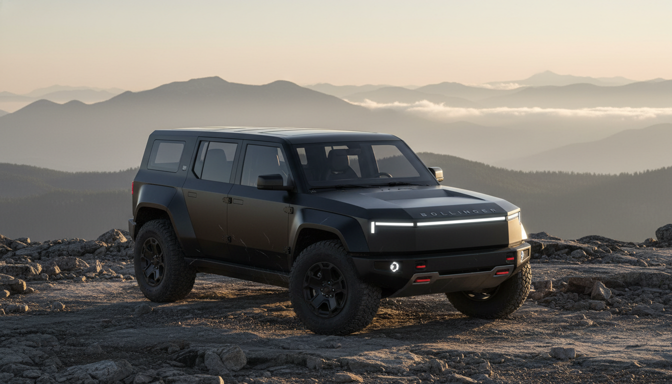 A matte black Bollinger B1 electric SUV parked on a rocky mountain peak overlooking misty hills at sunset.