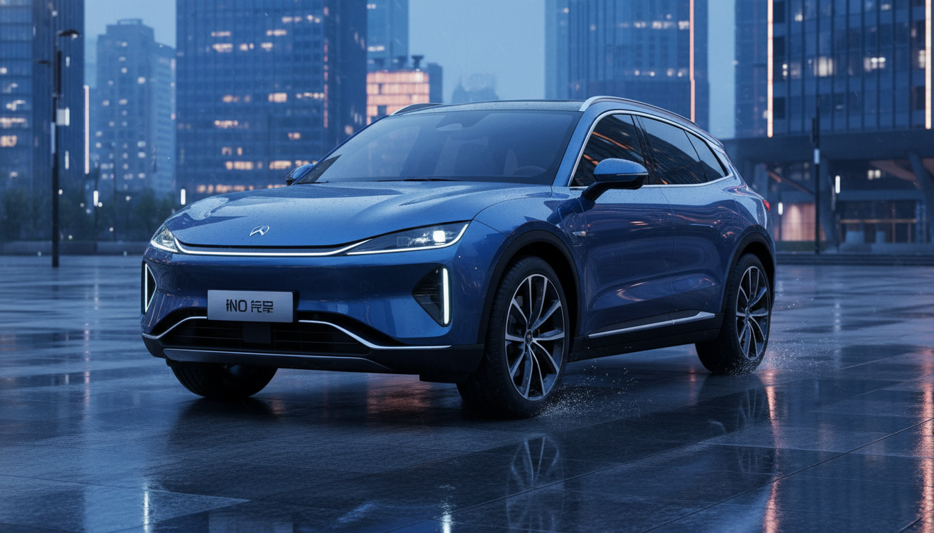A modern blue electric SUV from ENO Auto parked on a rainy city plaza at night with lit skyscrapers in the background.