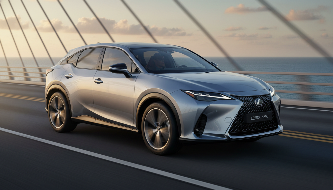 A silver Lexus SUV driving across a modern cable-stayed bridge over the ocean during a golden hour sunset, with motion-blurred wheels.