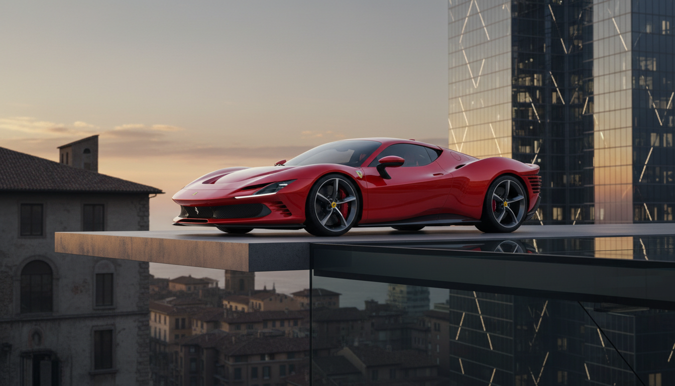 A sleek red Ferrari sports car parked on a cantilevered rooftop platform overlooking an old European city and a modern glass skyscraper during a golden sunset.