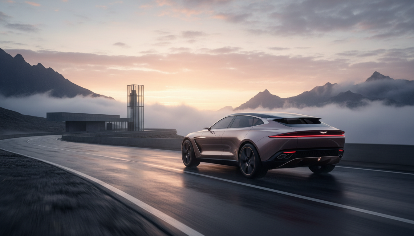 A sleek, metallic rose-gold luxury SUV driving on a wet, winding mountain road at dawn, with misty mountain peaks and a modern glass tower in the background.