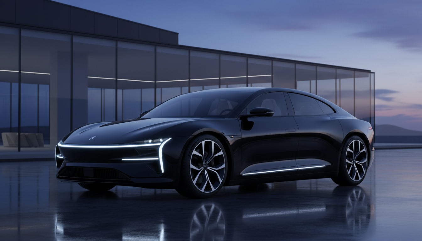 A sleek black luxury electric car parked on a reflective surface in front of a modern glass building at dusk, featuring distinctive white LED light strips on its front and side.