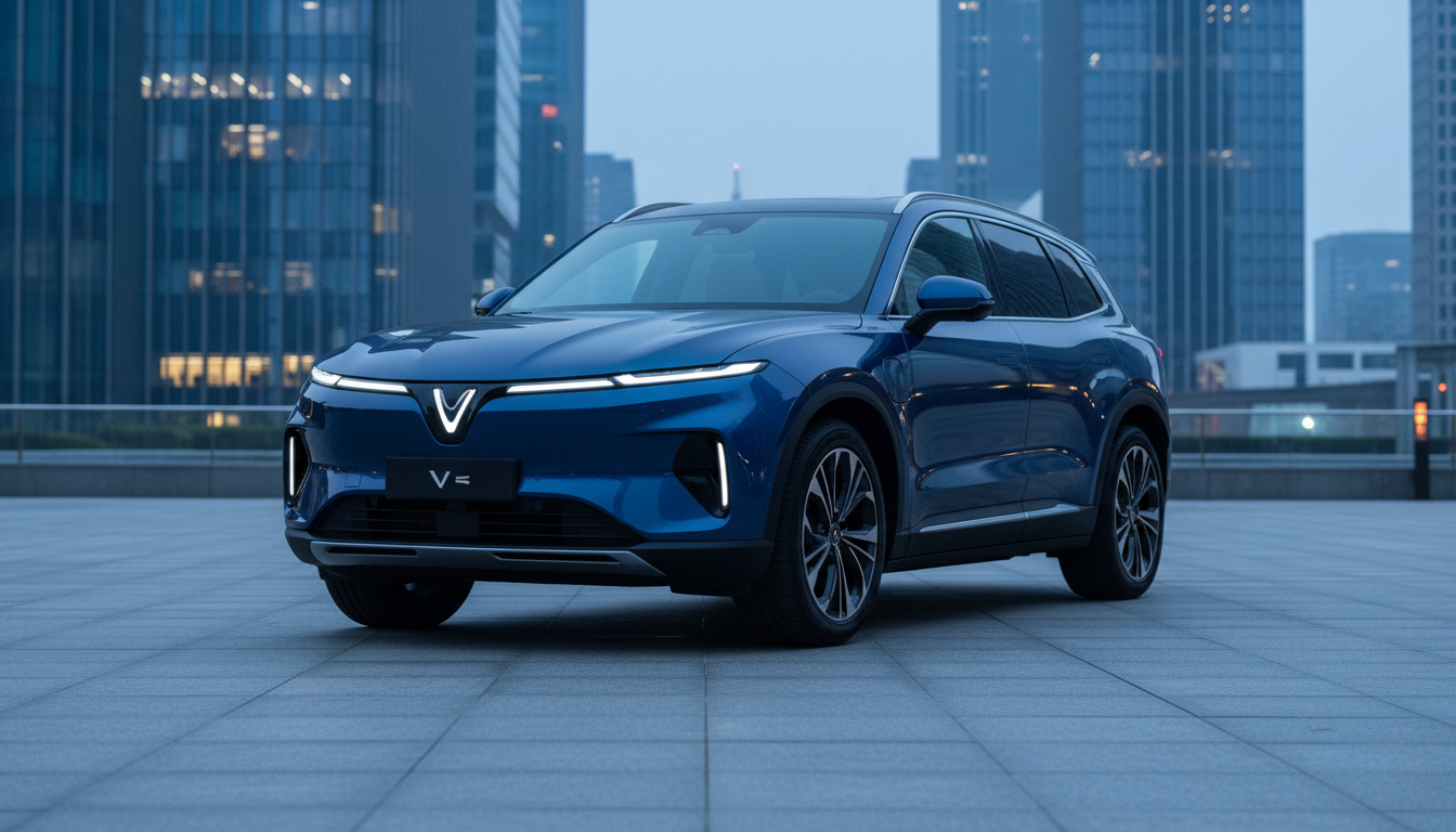 A sleek blue VinFast electric SUV parked on a stone-paved urban plaza at twilight, with towering modern skyscrapers in the background.